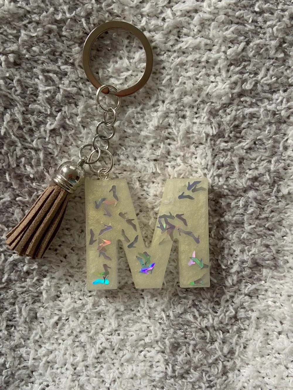 Personalized Blue 'M' Resin Keychain with Tassel